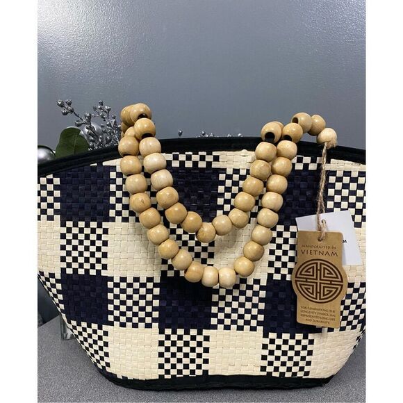 Checkered Beach Shop Tote Purse Bag with Beaded Handles Cream Black Checkered #2 - Picture 1 of 6